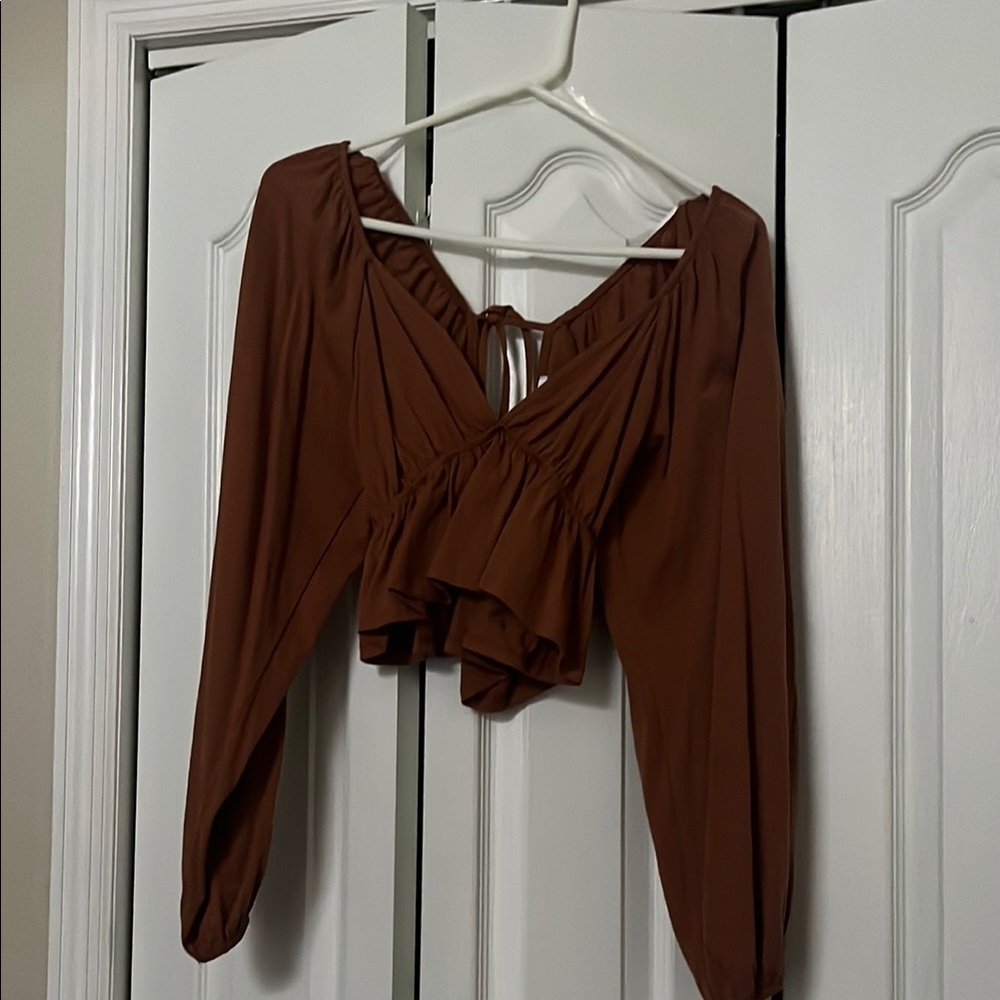 Brown Ruffled Crop Blouse with 3/4 Sleeves